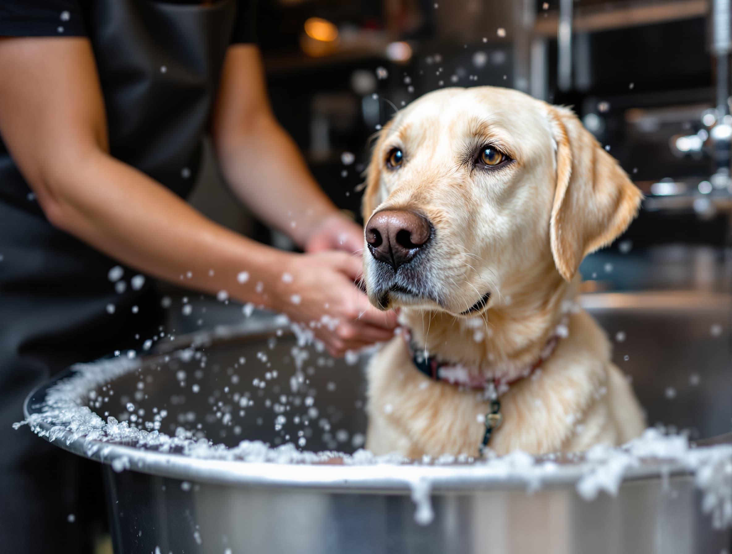Dog being bathed in grooming van