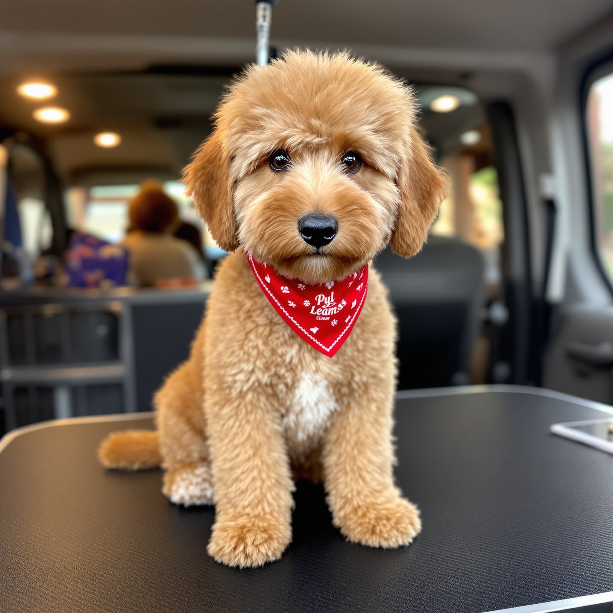 Perfectly groomed goldendoodle with red bandana