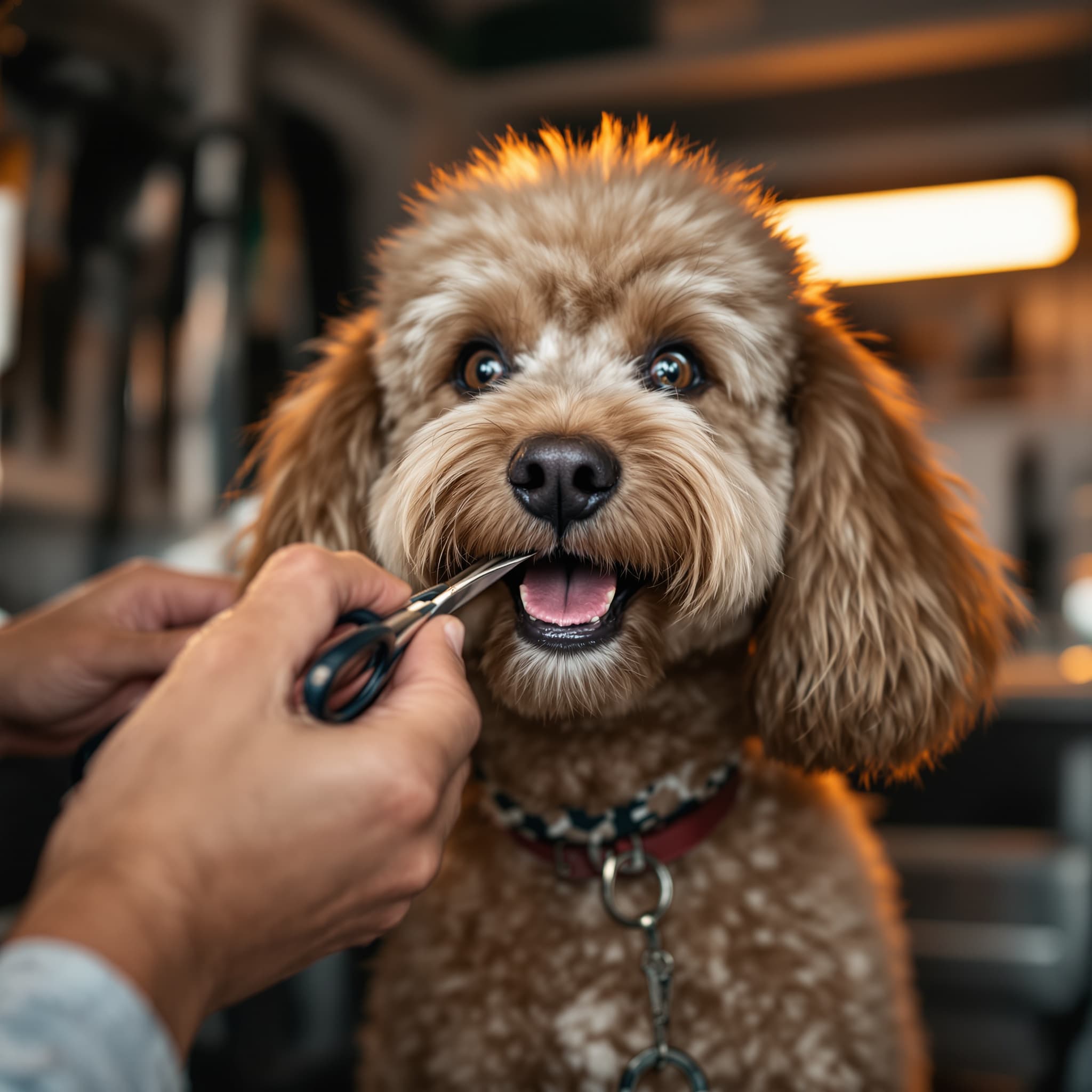 Groomer carefully trimming poodle face in van