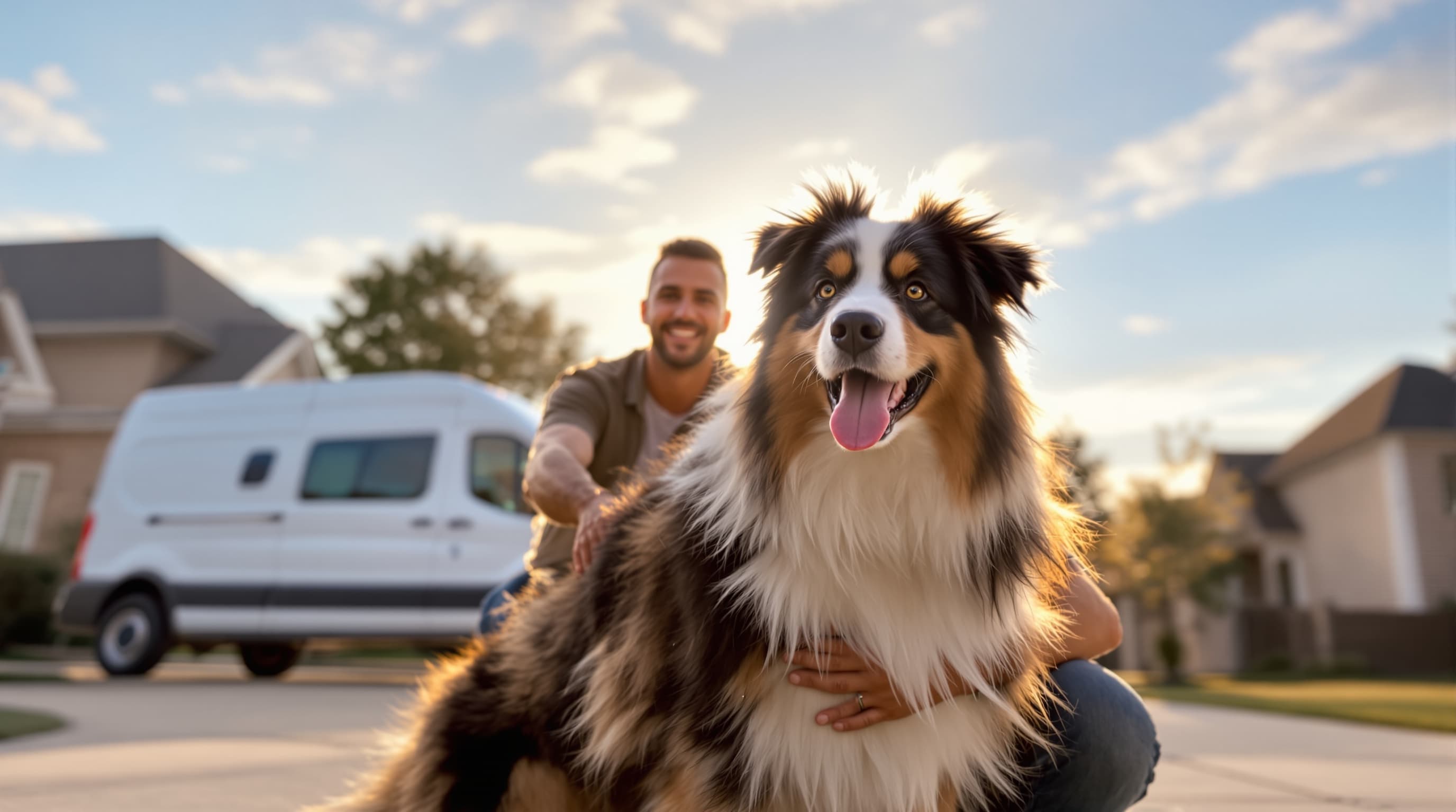 Freshly groomed Australian shepherd in Frisco driveway