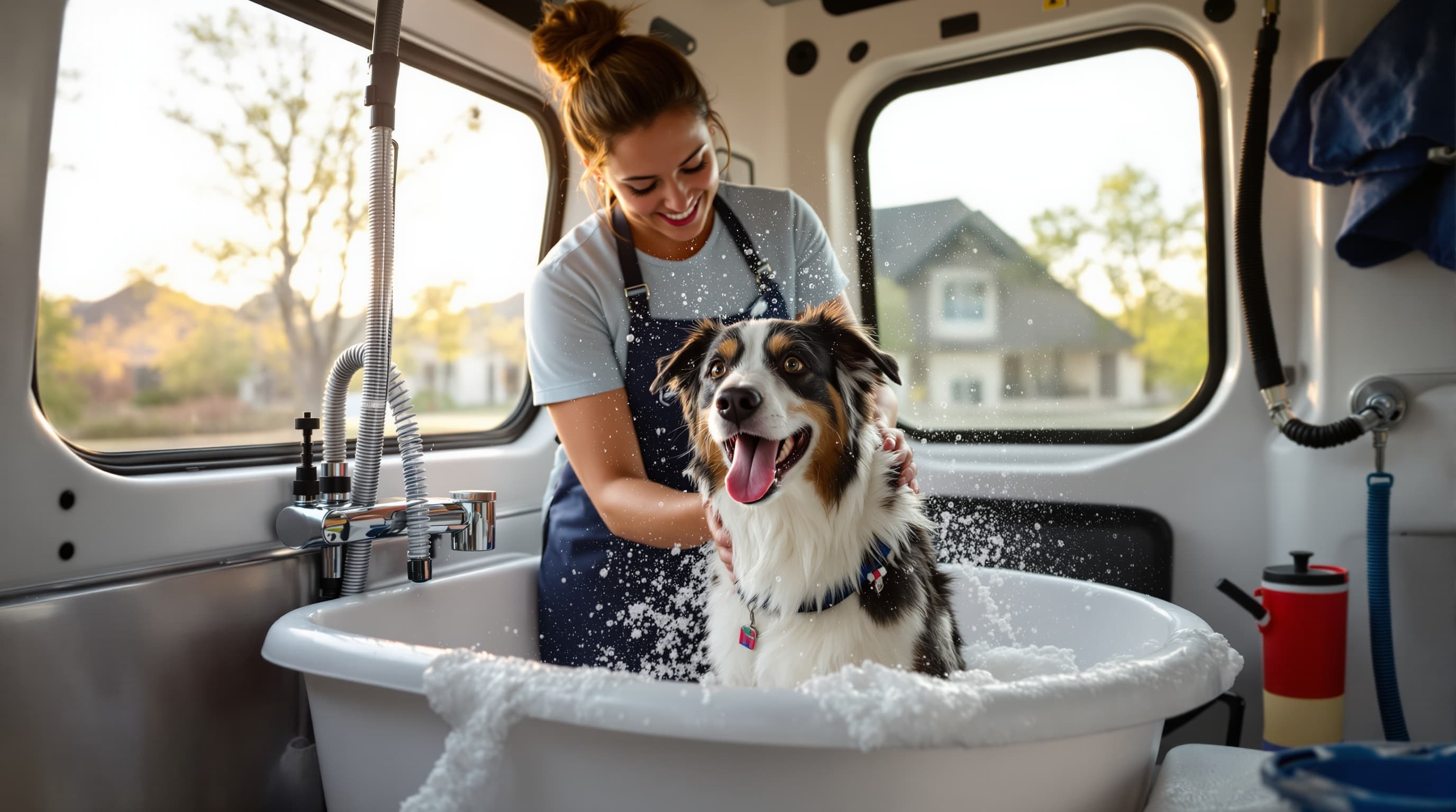 Groomer bathing a happy dog inside DFW mobile grooming van