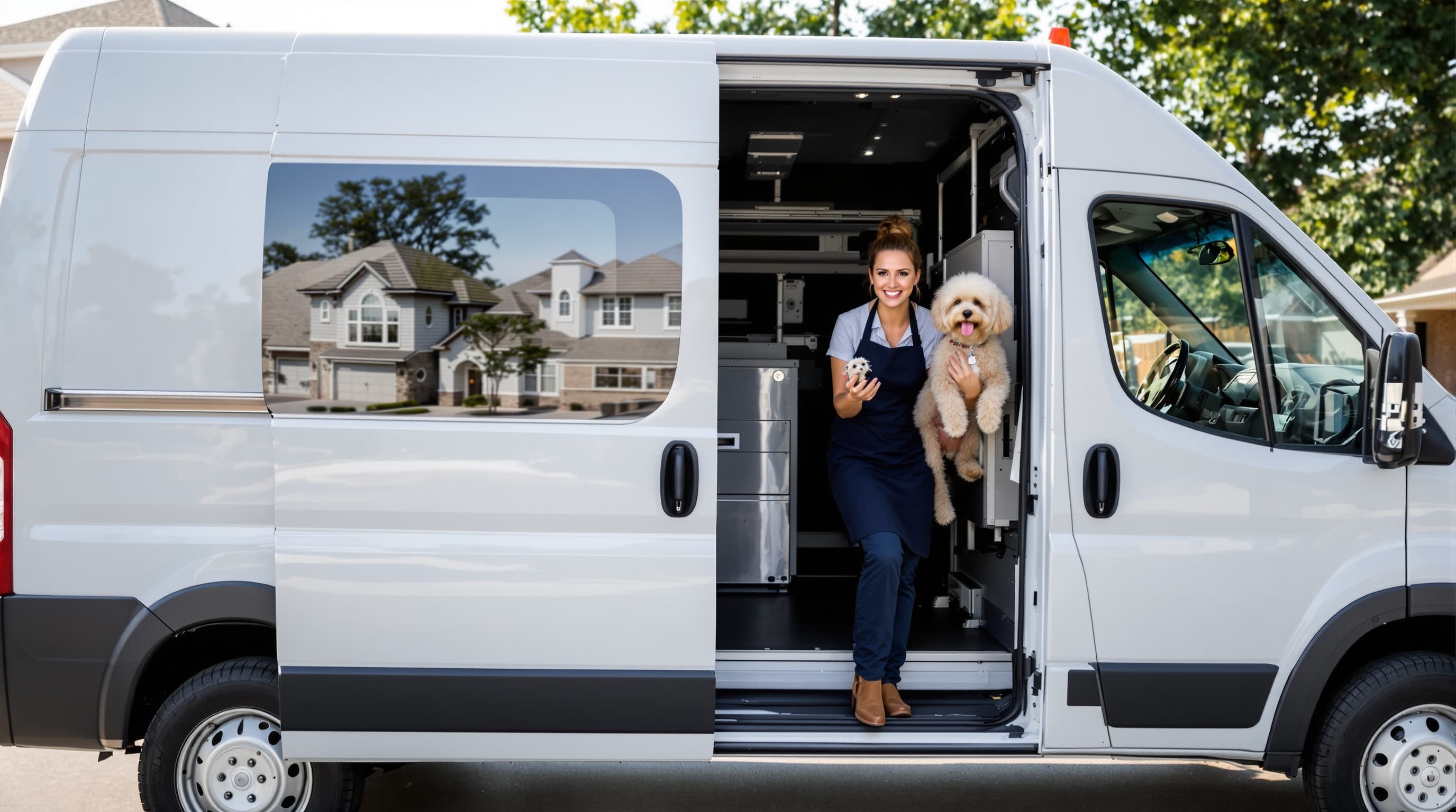 White mobile grooming van in McKinney Texas neighborhood